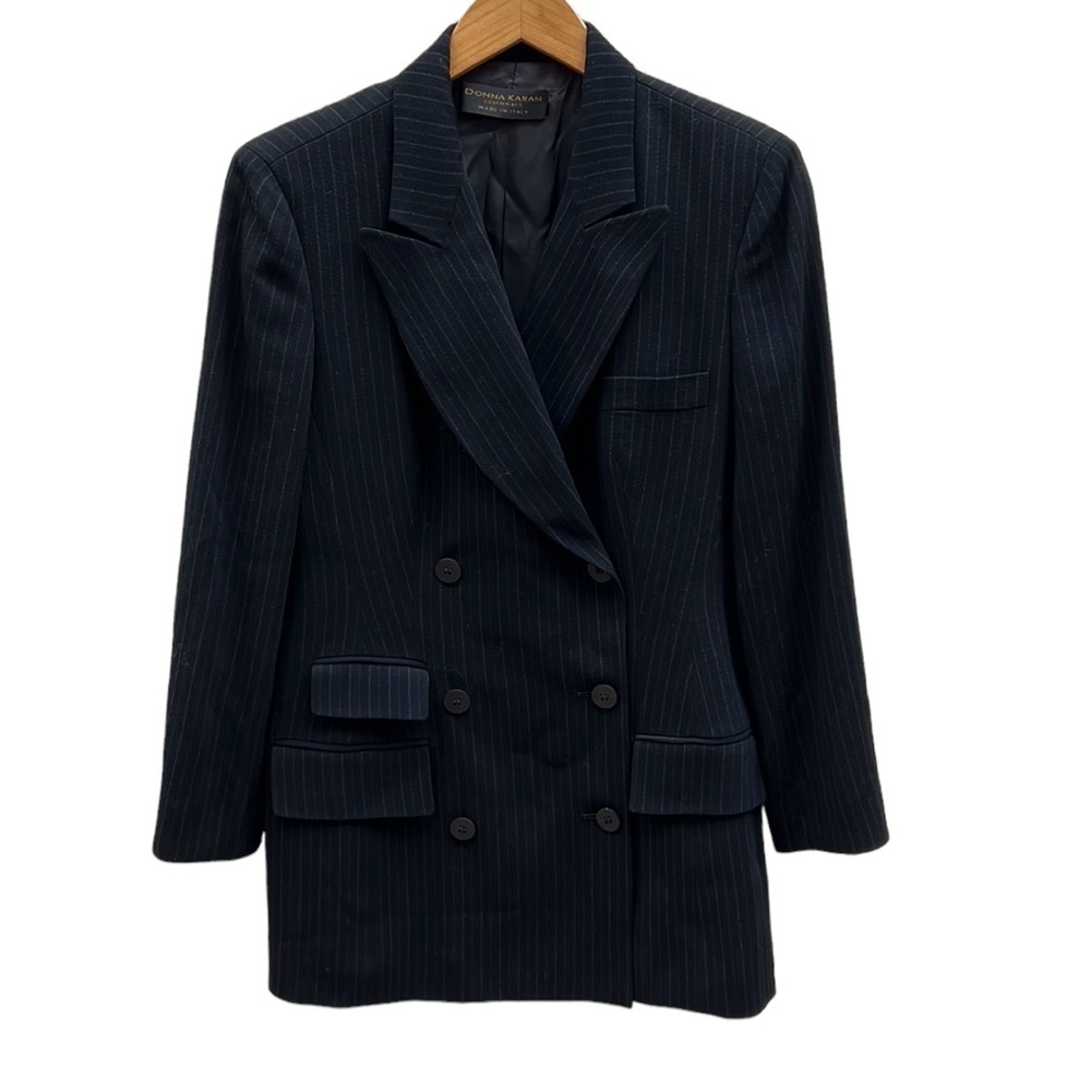 DKNY Essential Made in Italy Classic Wool Black Pinstripe Double Blazer Size 10